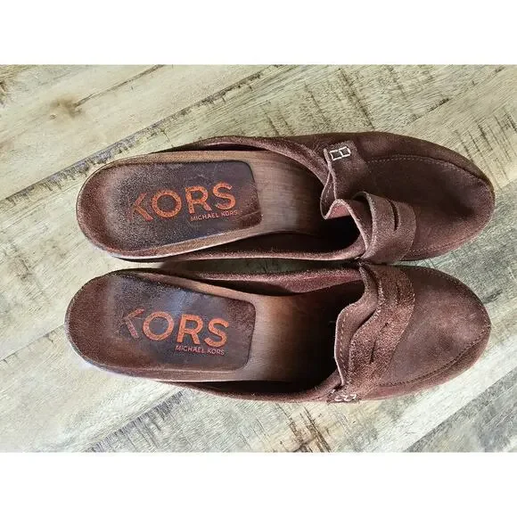 MICHAEL KORS Suede Leather Clogs Slip-On Wooden Studded Made In Italy 8B - Picture 5 of 9